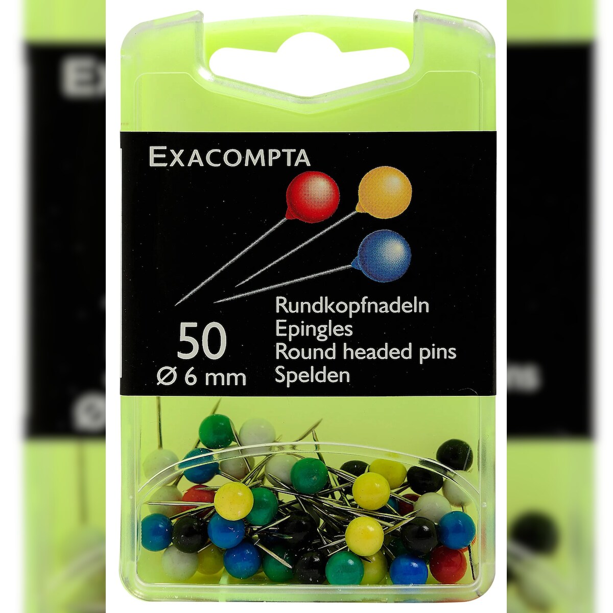 Exacompta 14375E Blisterbox mit 50 Stück Rundkopfnadeln rund, Ø6mm, Spitze 6mm - Farben sortiert Image