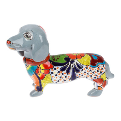 'Dachshund Dog-Themed Painted Ceramic Sculpture in Grey'