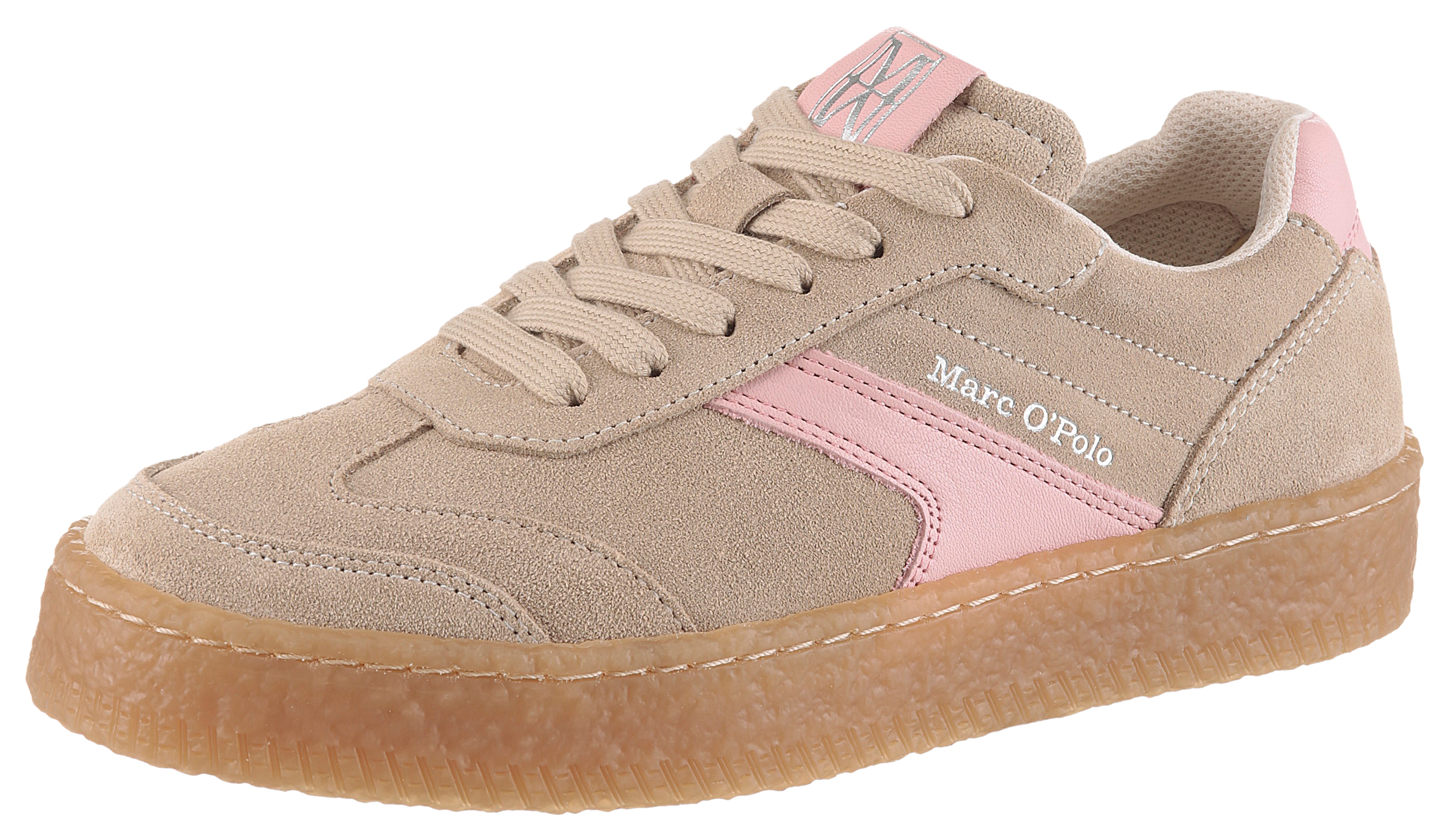Sneaker MARC O'POLO "Cortney", Damen, Gr. 40, creme, rosé, Glattleder, Veloursleder, unifarben mit Farbeinsatz, Schuhe Sneaker, Freizeitschuh, Halbschuh, Schnürer mit gepolstertem Schaftrand