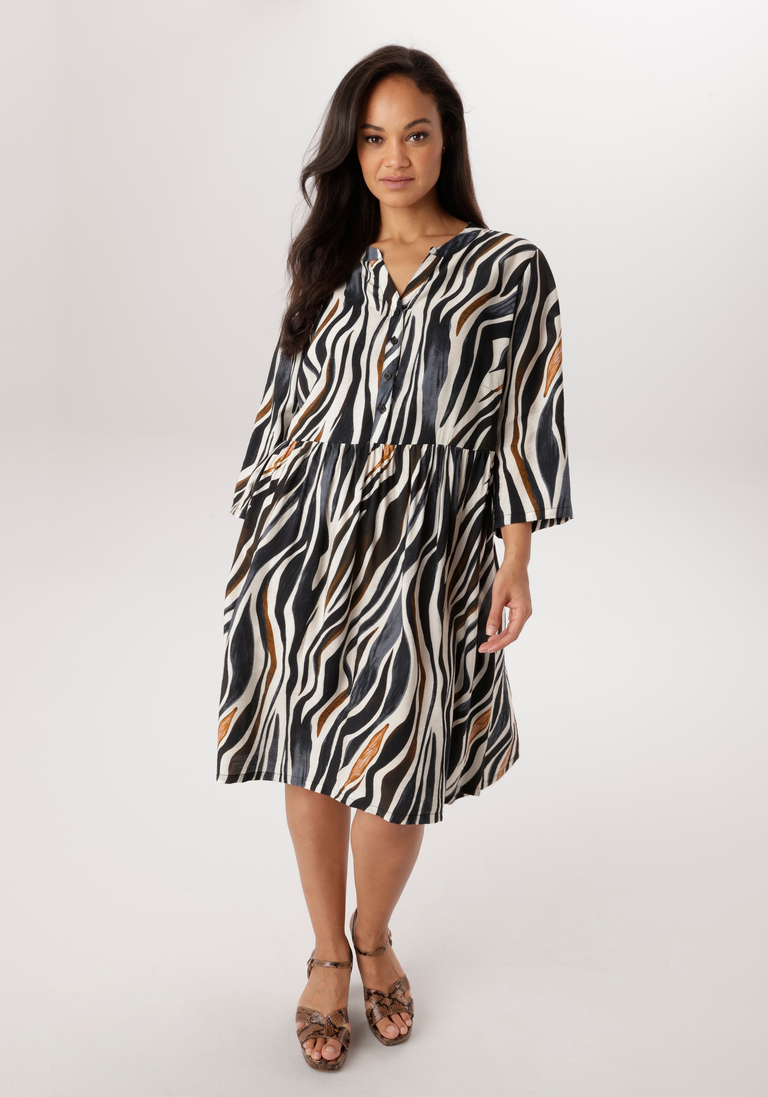 Tunikakleid ANISTON PLUS, Damen, Gr. 48, N-Gr, weiß, braun, grau, Web, Obermaterial: 85% Viskose (LENZING™), 15% Polyester, bedruckt, gemustert, gestreift, figurumspielend kniebedeckend, V-Ausschnitt, Krempelärmel 1-Knopf-Manschette, Kleider, im...