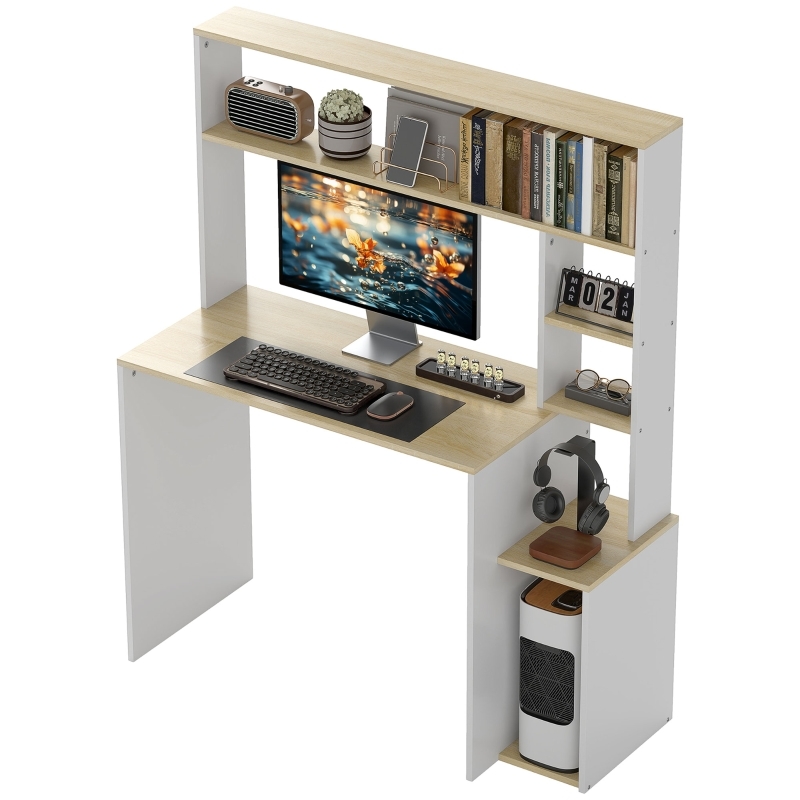 OKWISH Schreibtisch Computertisch mit Regal Eiche 113x45x139 cm mit CPU Ständer und 3 Ablagefächern, Stahlgestell, pflegeleichte Melaminoberfläche Image