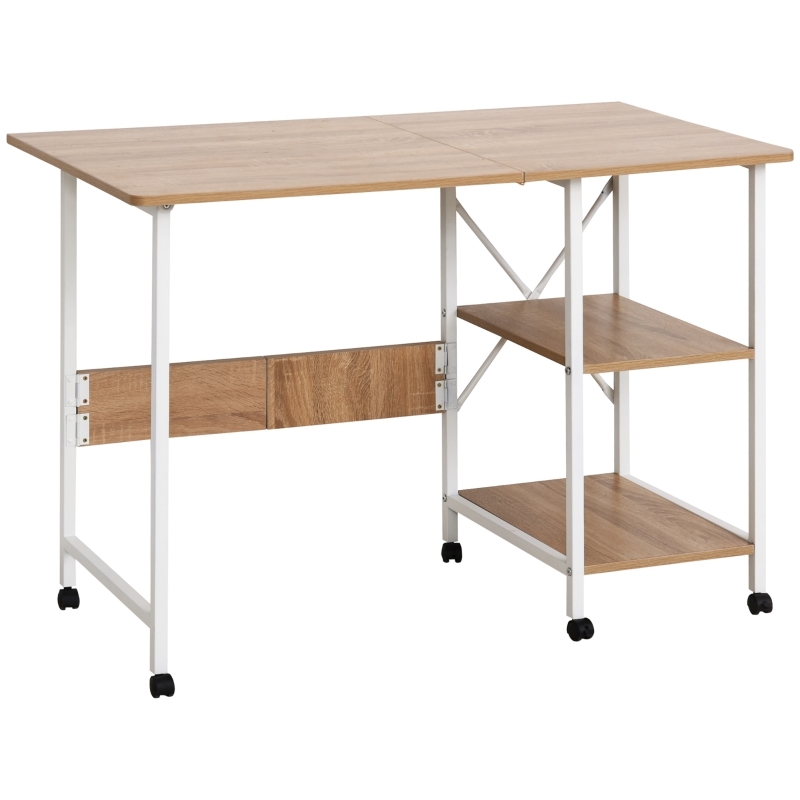 OKWISH Klapptisch mobiler Schreibtisch auf Rollen 107x55x76 cm Weiß mit klappbarer Tischplatte und Regal, MDF Holzplatte, platzsparend Image