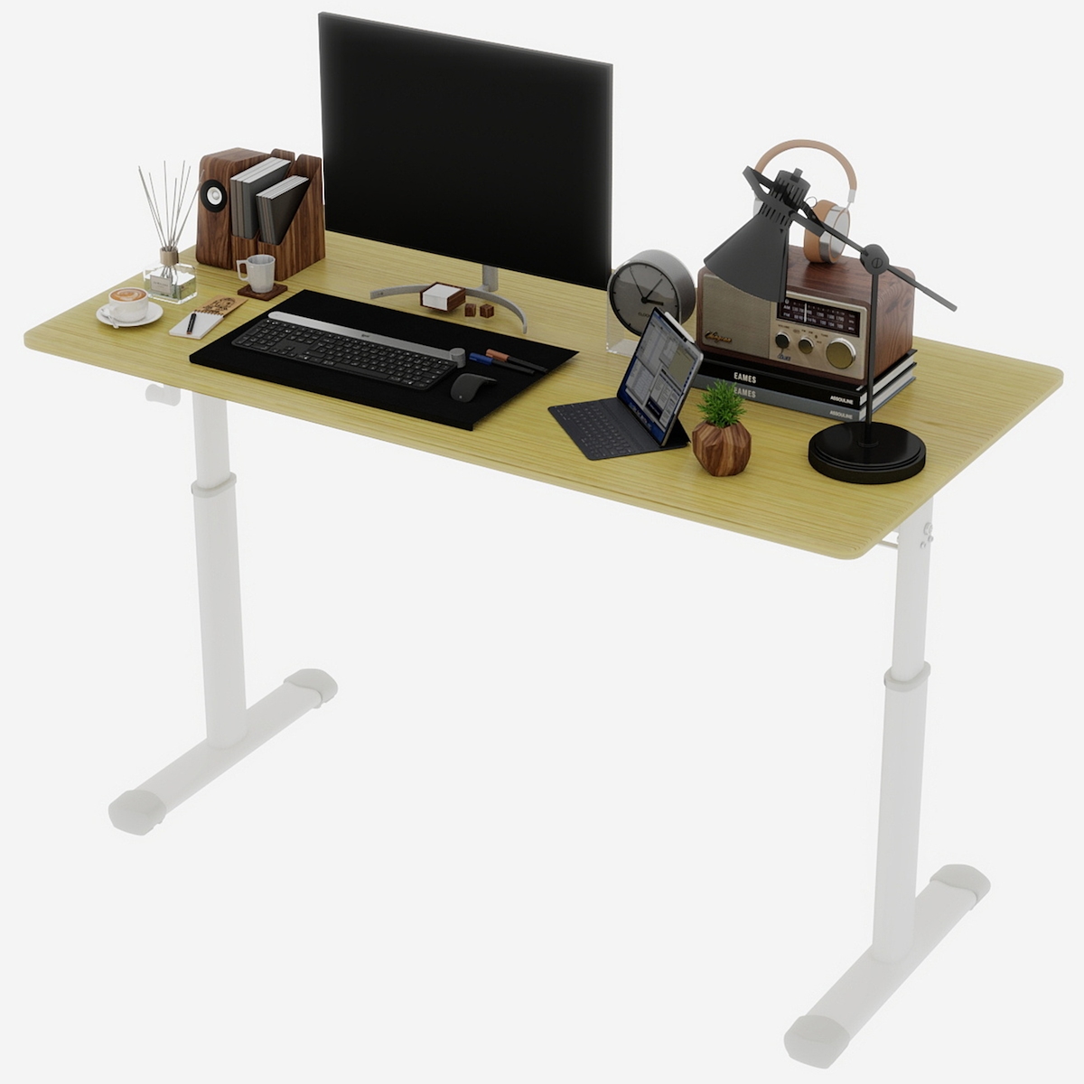 OKWISH Schreibtisch höhenverstellbar mit Handkurbel Holzfarbe 90x120x60 cm Metall Holz, kompakt, stabiler Doppelstützrahmen Image