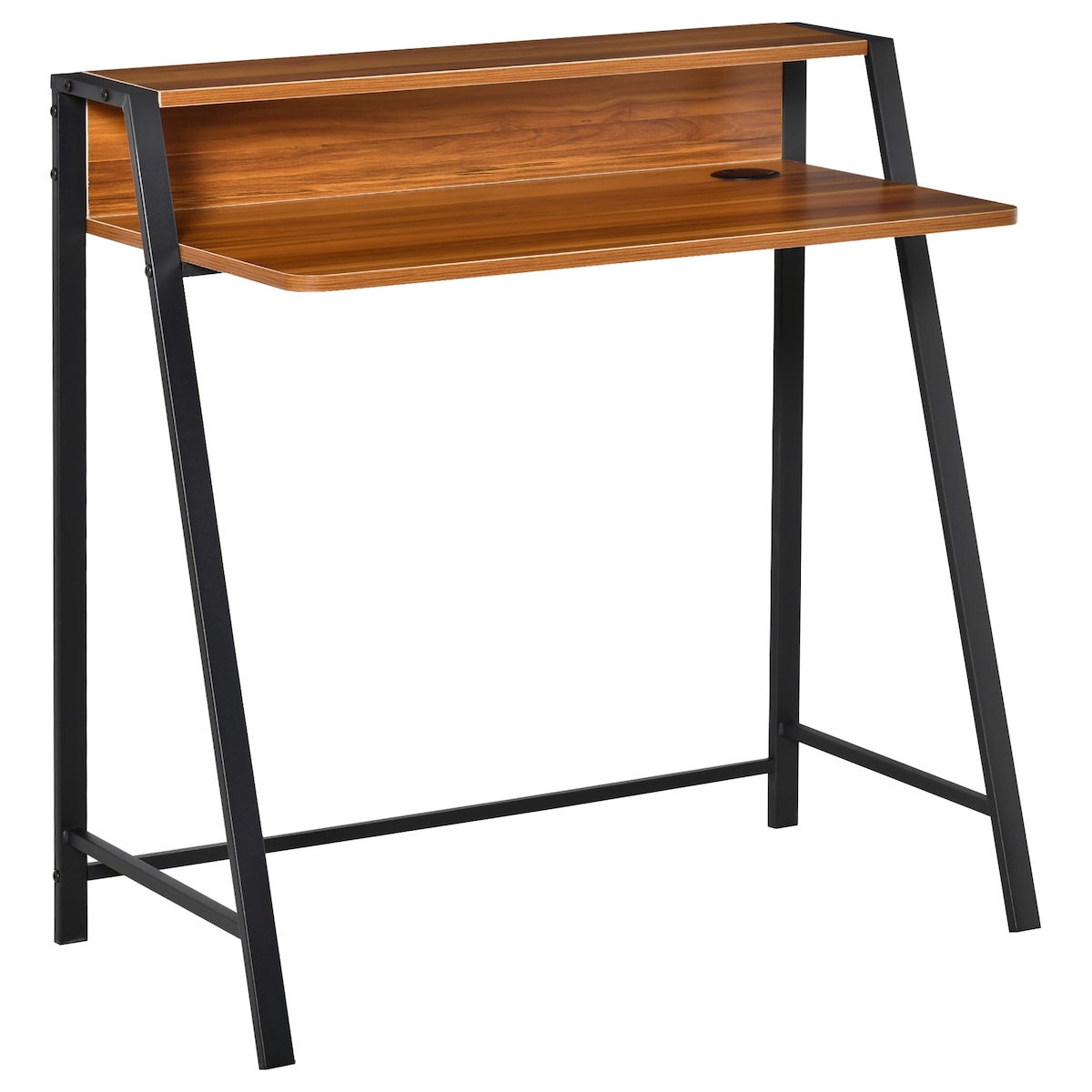 OKWISH Schreibtisch Computertisch 84x45x85 cm Walnuss mit Ablagefach und Kabeldurchlass, MDF Tischplatte, Metallrahmen, platzsparend für Büro Image