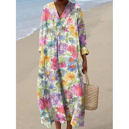 Damen Midikleid Shiftkleid Lässig Täglich Ausgehen Lässiger Schnitt Blumen Grafik Langarm V Ausschnitt Blau Gelb Rosa Sommer Frühling Image