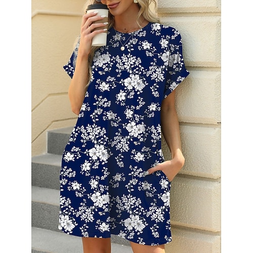 Damen Minikleid T-Shirt-Kleid Shiftkleid Urlaub Lässig Outdoor Ausgehen Lässiger Schnitt Blumen Blatt Kurzarm Rundhalsausschnitt Marineblau Weiß Rote Grün Sommer Frühling Image