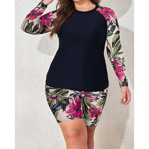 Damen Standard Anti UV Shirt Badeanzüge in Übergrößen Surfing Tankinis Bikinis Tropisch UV Schutz Elastisch Langarm Bademode Oberteil Surfen Tauchen Schwimmen Sommer Image