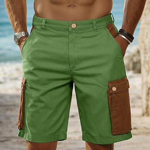 Herren Cargo-Shorts Shorts Leinenshorts Sommershorts Patchwork Tasche Farbblock Einheitliche Farbe Komfort Atmungsaktiv Kurz Lässig Täglich Outdoor Mode Designer Grün Khaki Unelastisch Image