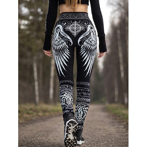 Damen Leggings Urlaub Vintage Ethno-Stil Volle Länge Hohe Taille Grafik Abstrakt 3D-Druck Komfort Schnelltrocknend Atmungsaktivität Hohe Elastizität Täglich Heim Outdoor Schwarz Sommer Frühling Herbst Image