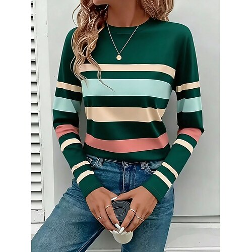 Damen T Shirt Farbblock Druck Grafik Geometrisch Mode Stilvoll Klassisch Langarm Rundhalsausschnitt Normale Oberteile Täglich Blau Schwarz Grün Sommer Frühling Image