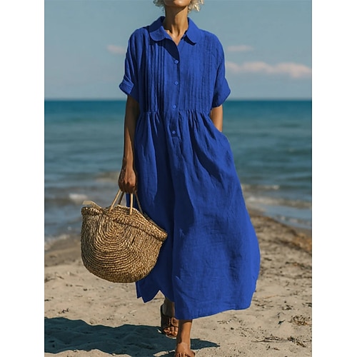 Damen Midikleid Hemdblusenkleid Kaftan Kleid Baumwoll-Leinen-Kleider Mode Modern Täglich Outdoor Urlaub Normale Passform Einfach Kurzarm Hemdkragen Blau Weiß Rosa Rote Sommer Frühling Image