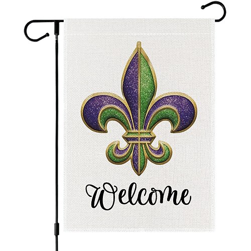 3er-Pack Mardi-Gras-Gartenflaggen, 30 x 45 cm, doppelseitig, lila, grün, goldfarben, mit Lilienmuster, für Garten, Terrasse, Rasendekoration, Karnevalsdeko