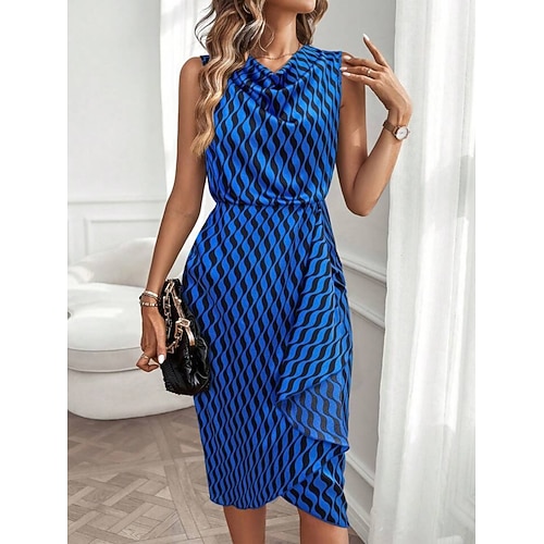 Damen Knielanges Kleid Etui-Kleid Wickelkleid Elegant Mode Modern Täglich Outdoor Urlaub Normale Passform Geometrisch Ärmellos Wasserfallausschnitt Blau Schwarz Rote Braun Sommer Frühling Image