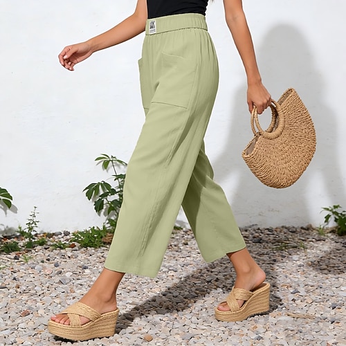 Damen Leinenhosen Hose Sommerhose Strandhose Urlaub Klassisch Alltagstauglich Knöchellang Mittlere Taille Einfach Tasche Baggy Komfort Weich Atmungsaktiv Unelastisch Streetwear Strand Ferien Aprikose Image