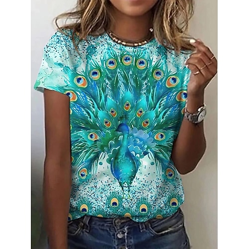 Damen T Shirt Druck Grafik Tiermotiv Abstrakt Vintage Stilvoll Klassisch Kurzarm Rundhalsausschnitt Rundhals Normale Oberteile Täglich Wochenende Blau Hellgrün Dunkelgrün Sommer Frühling Herbst Winter Image