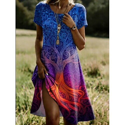 Damen Midikleid T-Shirt-Kleid Sommerkleid A Linie Kleid Urlaub Lässig Täglich Ferien Ausgehen Normale Passform Blumen Grafik Kurzarm Rundhalsausschnitt Blau Fuchsie Grün Sommer Frühling Image