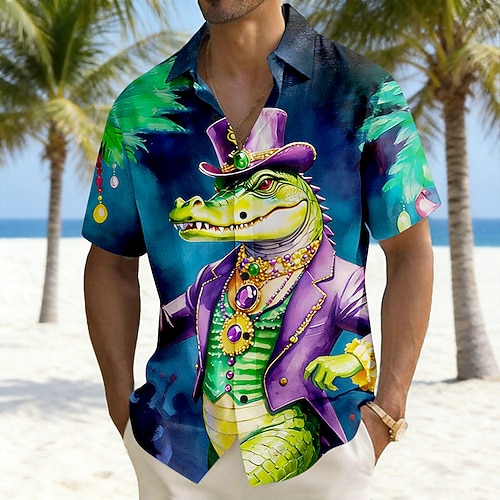 Karneval Herren Krokodil Schmuck Karnival Hemd Sommerhemd Knopfhemd Kurzarm Vintage-Retro Ferien Sommer Umlegekragen 3D-Druck Leinenähnliches Hemd Blau Image