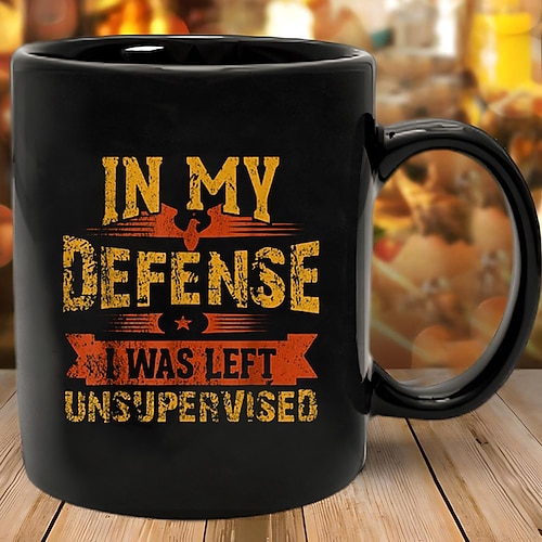 Witzige Geschenktasse „Zu meiner Verteidigung: Ich war unbeaufsichtigt" – humorvolle schwarze Keramiktasse, perfekt für Kollegen, Freunde oder sich selbst, ideal zum Verschenken oder für den Image