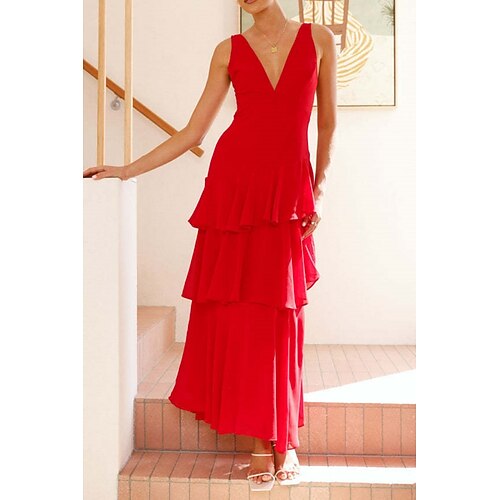 Damen Maxikleid A Linie Kleid Lässig Outdoor Ausgehen Standard Passform Einfarbig Ärmellos V Ausschnitt Blau Schwarz Gelb Rot Sommer Frühling Image