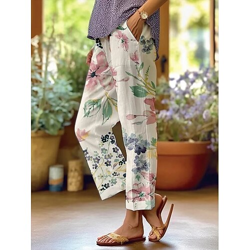 Damen Leinenähnliche Hosen Hose Urlaub Basic Casual Täglich Voll Länge Mittlere Taille Floral Schnürung Seitentaschen Druck Komfort Atmungsaktivität Bequem Unelastisch Wochenende Blau Weiß Sommer Image