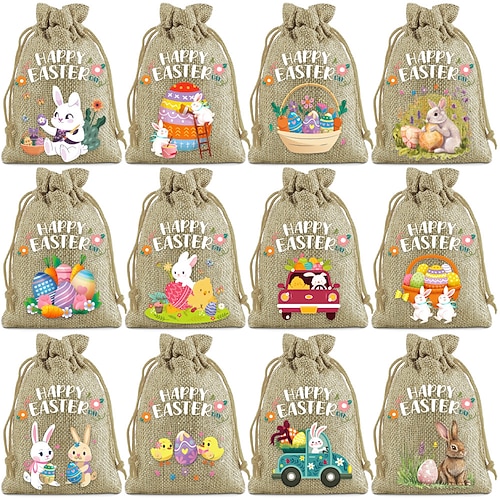 12 Stück Ostergeschenktüten aus Jute mit Kordelzug, 15 x 10 cm, Osterhasen-Geschenktüten, bunte Jute-Geschenktüten mit Hasen- und Eiermotiven, geeignet für kleine Geschenke, Schmuck, Snacks und Image