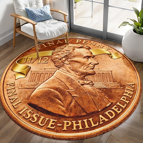 Runder Teppich mit Lincoln-Motiv, Gedenkmünze „Letzter Penny", US-Münze, historisches Sammlerstück, Lincoln-Erinnerungsstück, seltenes Penny-Geschenk für Münzsammler, Bodendekoration Image