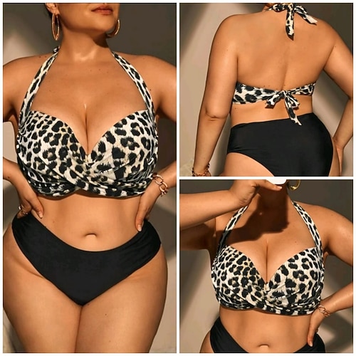 Damen Standard Badeanzüge in Übergrößen Surfing Tankinis Bikinis Badeanzug Leopard Offener Rücken UV Schutz Elastisch Ärmellos Bademode Surfen Tauchen Schwimmen Sommer Image