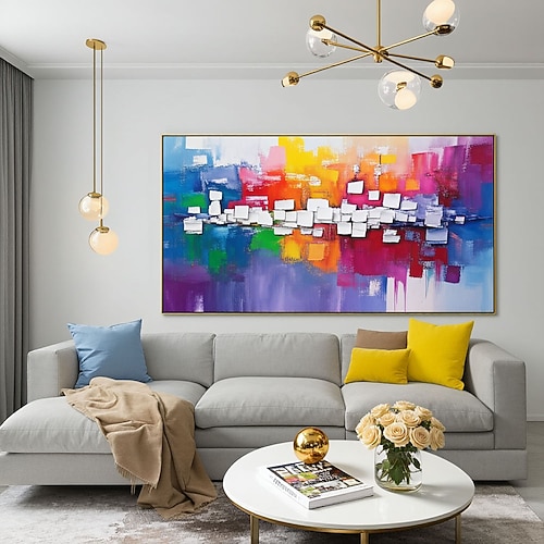 Originales Ölgemälde, handgemalt, farbenfrohes Blockgemälde auf Leinwand, großes Wandbild, abstraktes minimalistisches Gemälde mit blauer Textur, Boho-Wanddekoration, Wohnzimmerwanddekoration Image