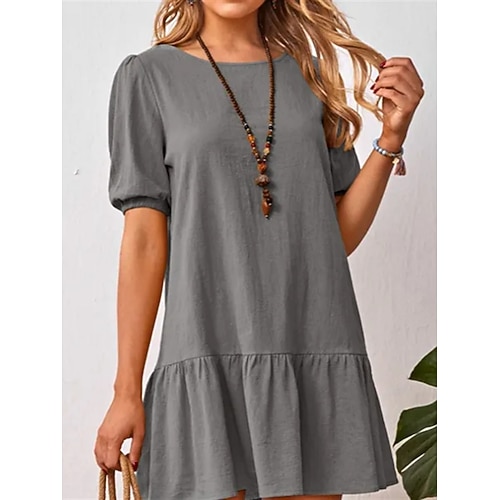 Damen Minikleid Baumwoll-Leinen-Kleider Shiftkleid Freizeitkleid Mode Basic Modern Täglich Outdoor Urlaub Normale Passform Einfach Kurzarm Rundhalsausschnitt Schwarz Gelb Hellgrün Armeegrün Sommer Image
