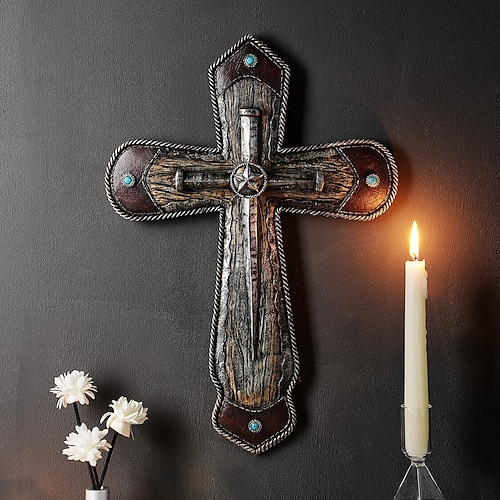 Vintage gotisches Kreuz als Wanddekoration, religiöser Hängeanhänger aus Kunstharz mit klassischem Blumenmuster, Wanddekoration für Allerheiligen, Dekoration für Bars, Restaurants und Partys Image