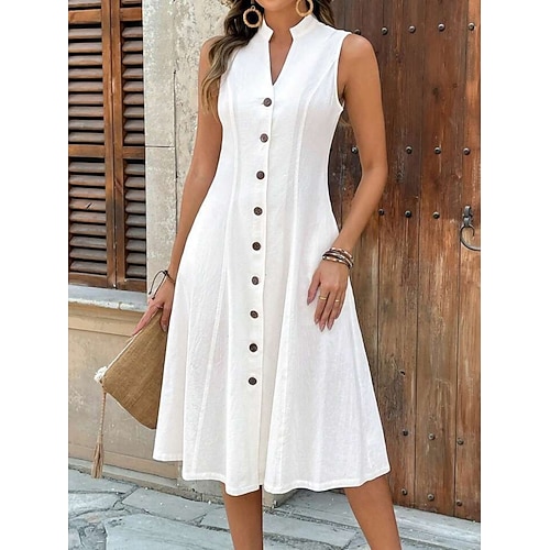 Damen Midikleid Weißes Kleid A Linie Kleid Elegant Mode Modern Täglich Outdoor Urlaub Normale Passform Einfach Ärmellos V Ausschnitt Weiß Sommer Frühling Image