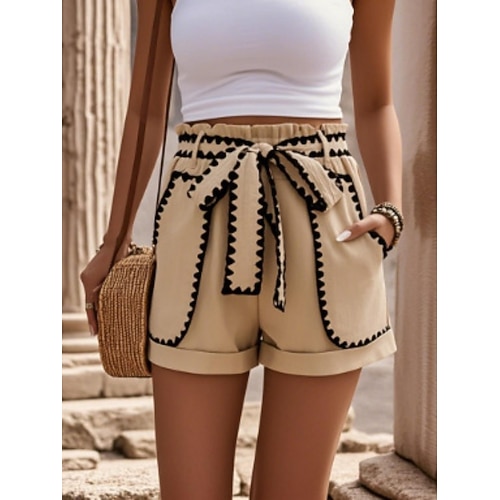 Damen Shorts Sommershorts Strandshorts Freizeitshorts Urlaub Mode Streetwear Kurz Hohe Taille Einfach Patchwork Tasche Elastischer Bund Komfort Leicht Weich Dehnbar Outdoor Straße Ferien Aprikose Image