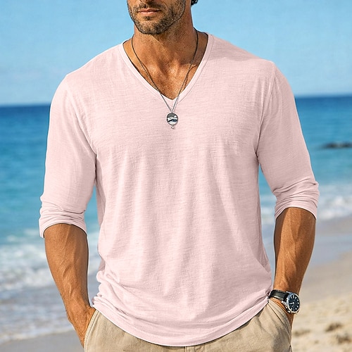 Herren T-Shirt Langarmshirt Leinen-T-Shirt Langarm V Ausschnitt Sommer Frühling Frühling Sommer Einfarbig Einfach Täglich Lässig Streetstyle Rein Lässig Outdoor Straße Hellblau Meerblau Schwarz Top Image