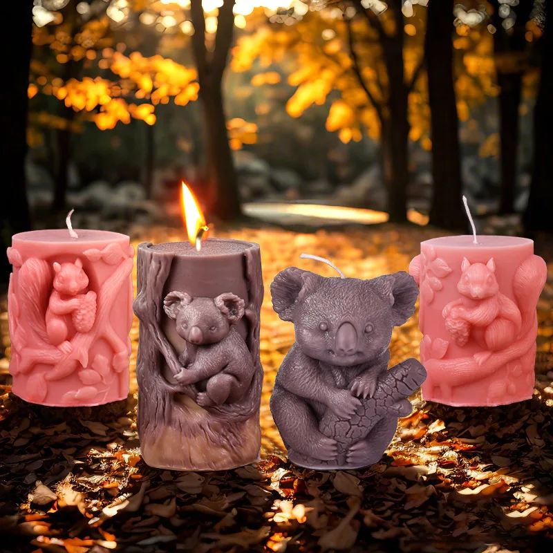 3D Nette Eichhörnchen Aromatherapie Kerze Form DIY Kreative Simulation Koala Relief Zylinder Harz Form Zement Gips Hause Dekoration Image
