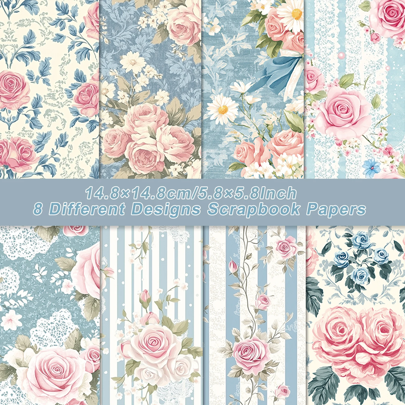 8 Blatt romantische Rosen-Hintergrund-Scrapbook-Papierblock für DIY-Handwerk, Albenkunst, Junk-Tagebuch, Geschenkverpackung, florales Bastelpapier Image