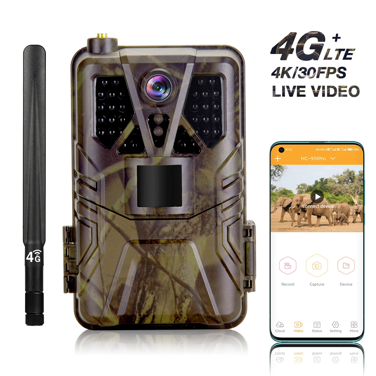 Fotocamera da Caccia 4K 30fps con Controllo APP, Servizio Cloud, 4G, 30MP, Live Stream, Visione Notturna, Trappola Fotografica per Fauna Selvatica HC910PRO