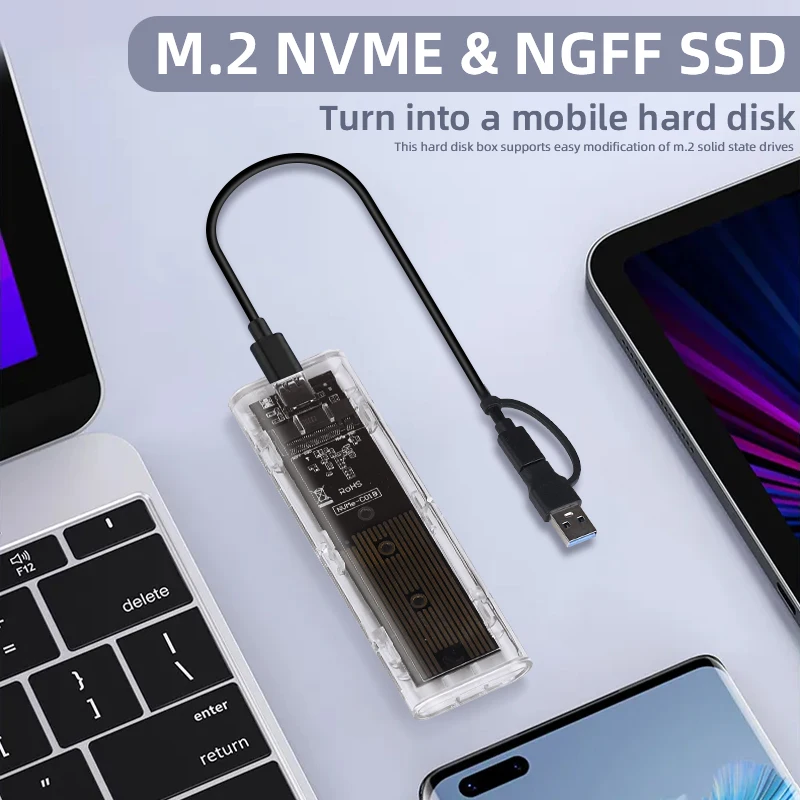 M.2 NVME PCIe NGFF SATA Dual Protocol SSD-Gehäuse Klare USB Typ C 10 Gbit/s PCI-E M2 SSD Transparentes externes Gehäuse Festplattenbox Image