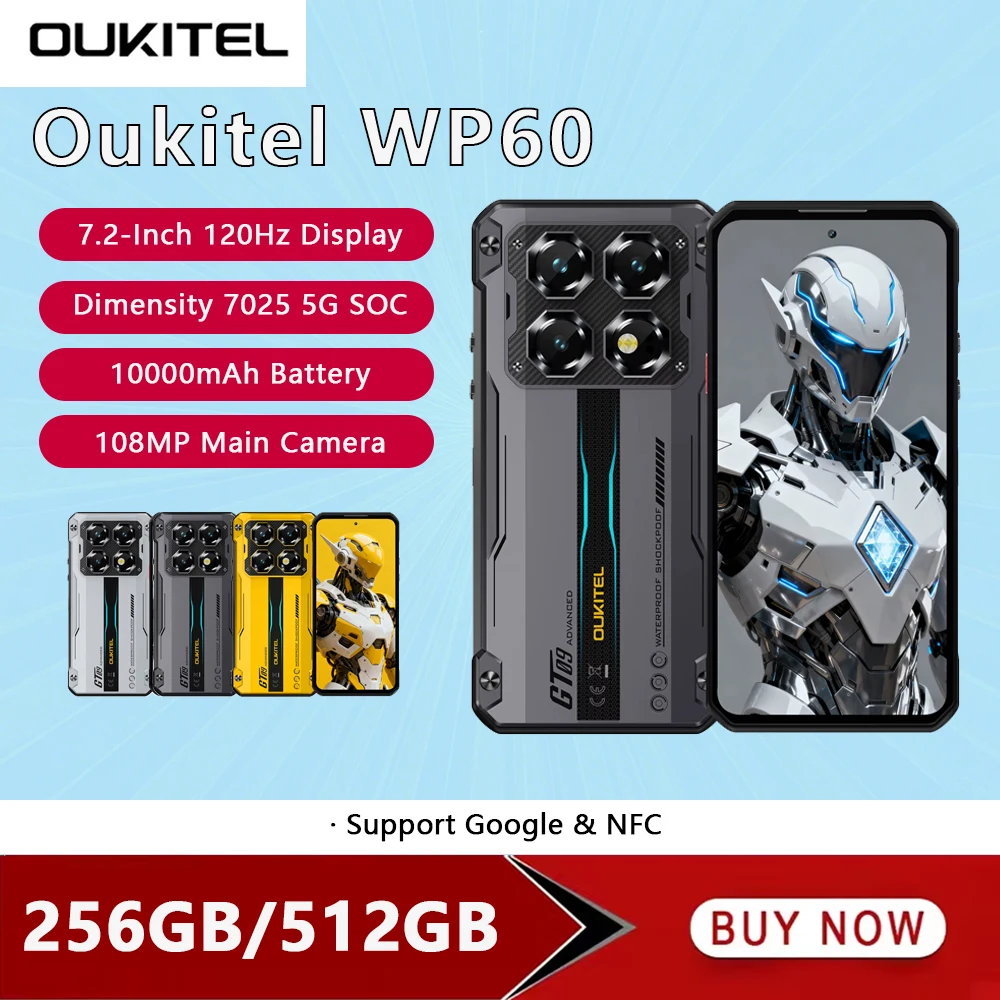 OUKITEL WP60 5G Rugged Smartphone Android 15 MTK 7025 7.2Inch HD 120Hz 256GB/512GB ROM Mobile Phone 108MP 10000mAh Cellphone NFC