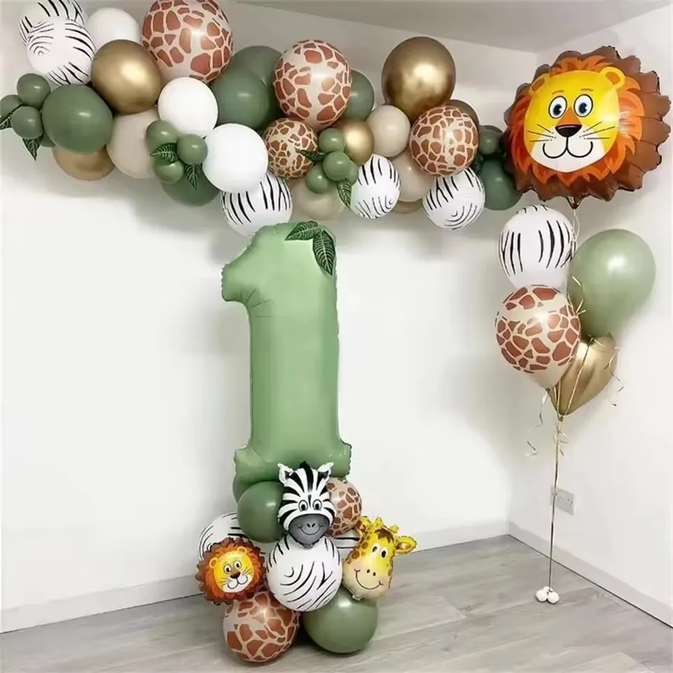 70 Pezzi Palloncini Animali della Giungla, Palloncini Numerici Verde Salvia, Arco di Palloncini per Baby Shower, Decorazioni per Feste a Tema Safari