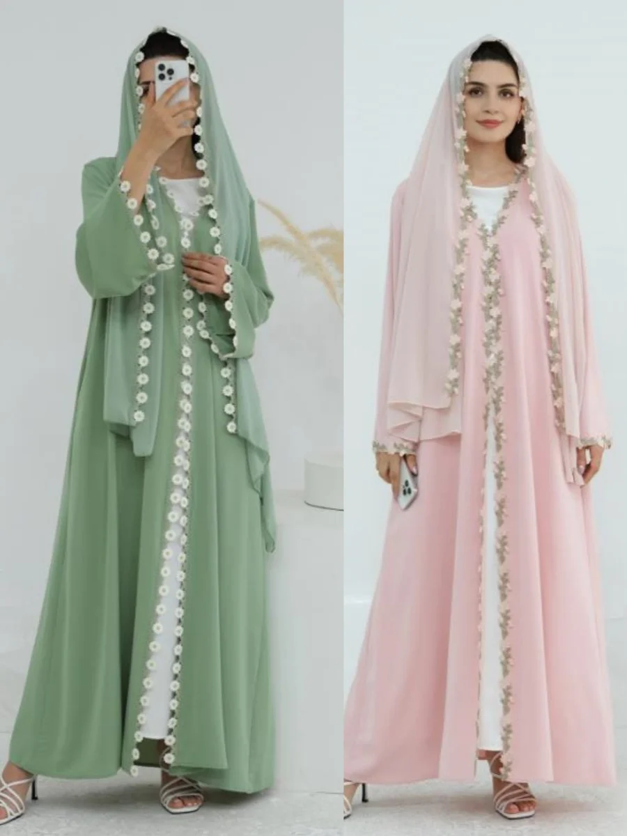 Muslimische Frauen Türkiye Dubai Abaya Luxus stickerei Blume Kimono Strickjacke Langes Kleid Modest Kaftan Robe Femme Islam Kleidung Image