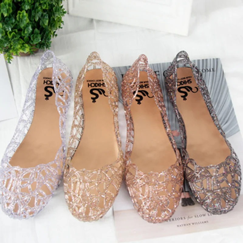 Dame Gelee Kristall Ausschnitt Flache Mode Runde Kappe Einzelnen Schuhe In Sommer Strand Faulenzer Casual Slip Auf Schwarz/silber/Gold/Rosa 40