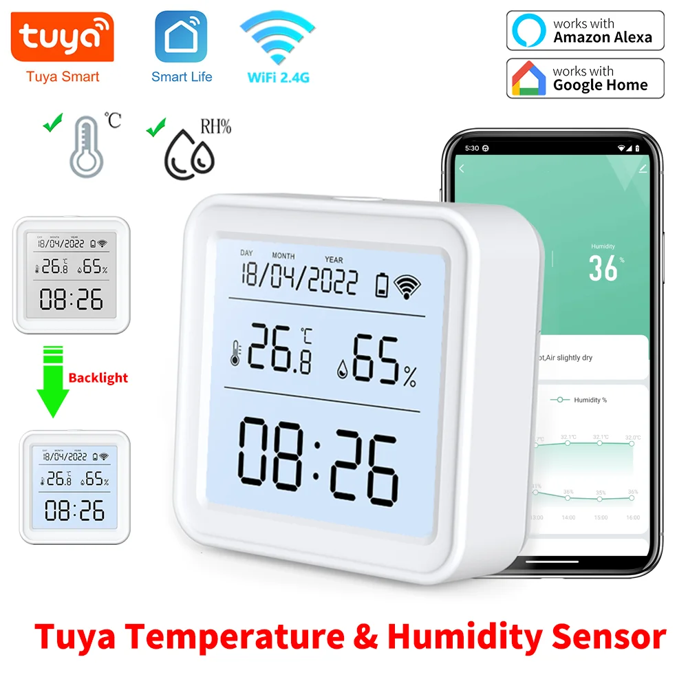 Tuya WIFI Smart Temperatur Feuchtigkeit Sensor Hygrometer Thermometer Hintergrundbeleuchtung Smart Life Support Alexa Google Assistent Image