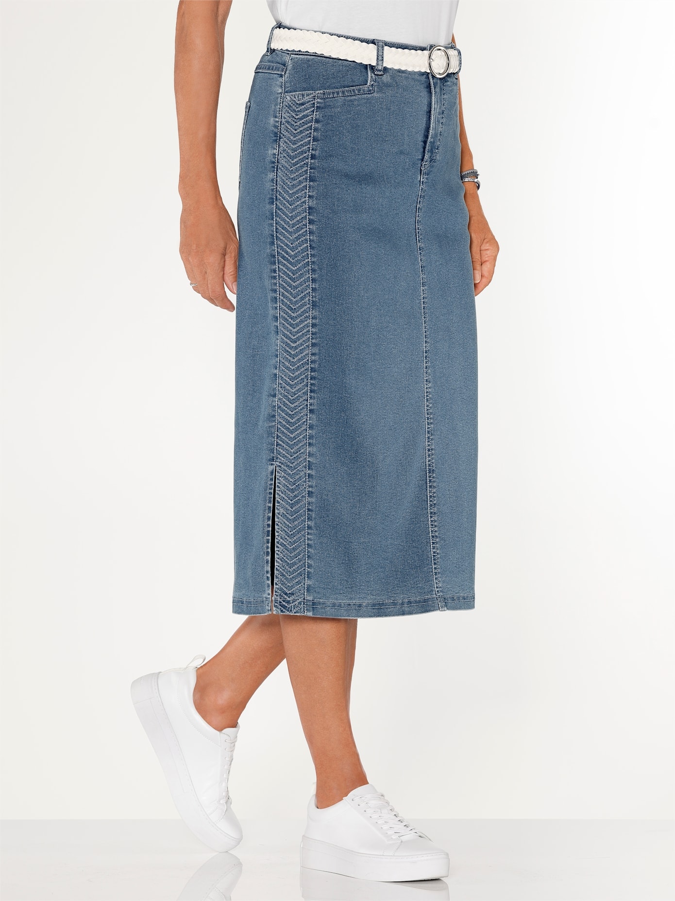 Jeansrock CASUAL LOOKS, Damen, Gr. 44, blau, bleached, 81% Baumwolle, 17% Polyester, 2% Elasthan, unifarben, wadenlang, Röcke Jeansrock