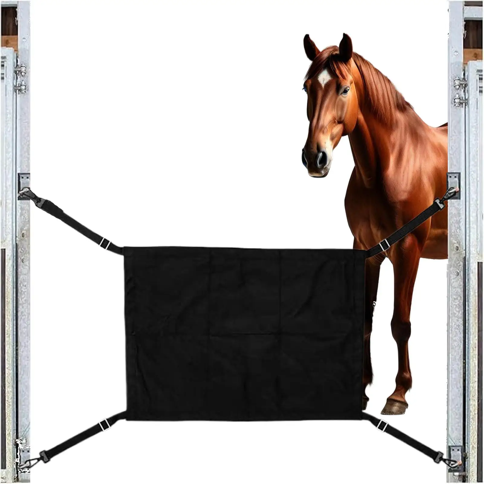 Pferdestallschutz, Pferdestall, Gangschutz, verstellbare Riemen, Tore, Türrahmen für Weide, Zeigen, Reiten, Bauernhof, Reitsport Image