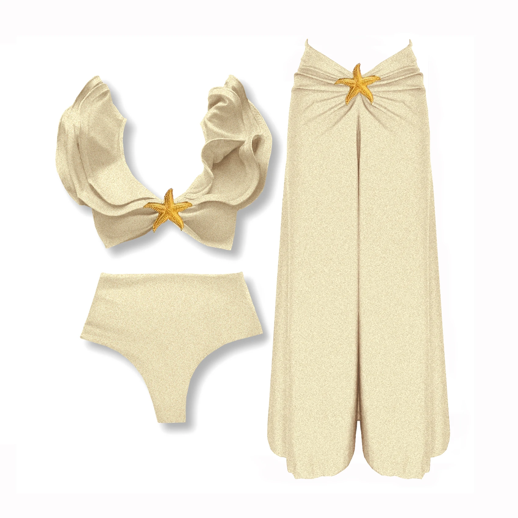3-teiliges sexy Bikini-Set mit Schulter-Rüschen-Badeanzug für Damen, 2025, Bademode, glänzender Stern, Badeanzüge, weiblicher Body, Badeanzug, Strandmode Image