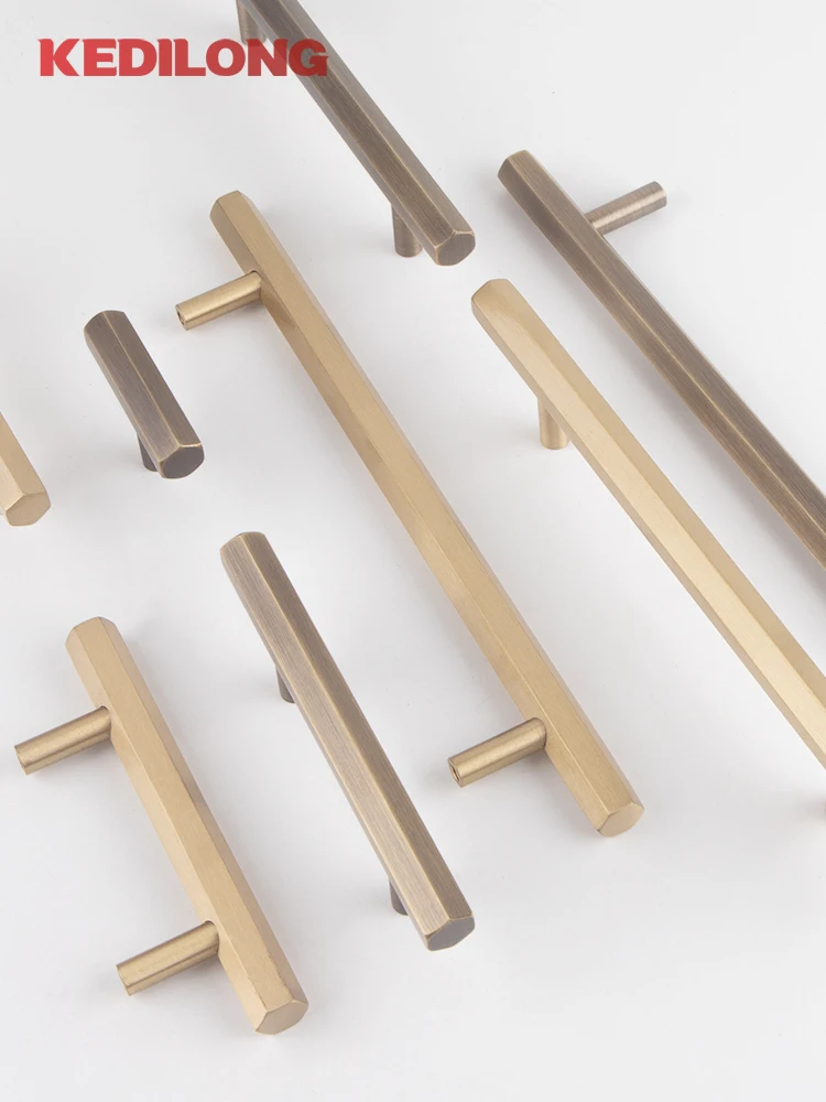 KEDLO Sechseckiger T-Griff aus massivem Messing, moderner, minimalistischer Küchenschrank, antike lange Schublade, antiker Messinggriff