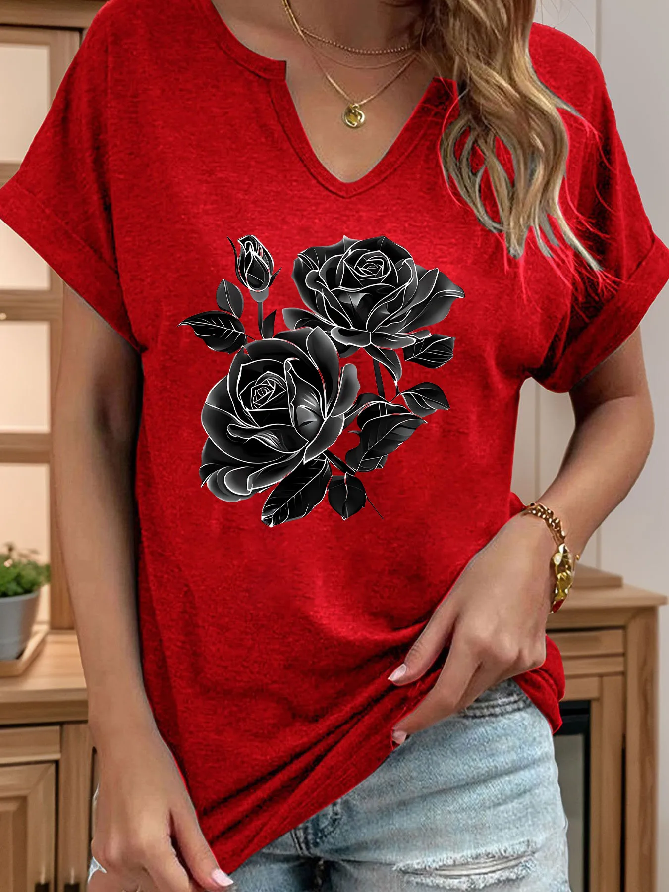 Black Rose Print TeeDamen Top Damen T-Shirt Kurze aufrollbare Ärmel V-Ausschnitt Sommer Casual Top T-Shirts für Damen Grafik-T-Shirts