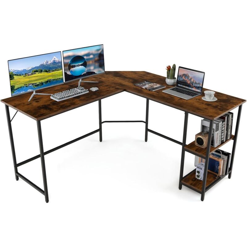 Costway - Scrivania Angolare 138 Cm, Scrivania Ad Angolo Con 2 Prese, 2 Porte Usb, Telaio In Acciaio Al Carbonio E Ripiano A 2 Livelli Rimovibile, Scrivania Salvaspazio Da Ufficio E Casa (marrone)