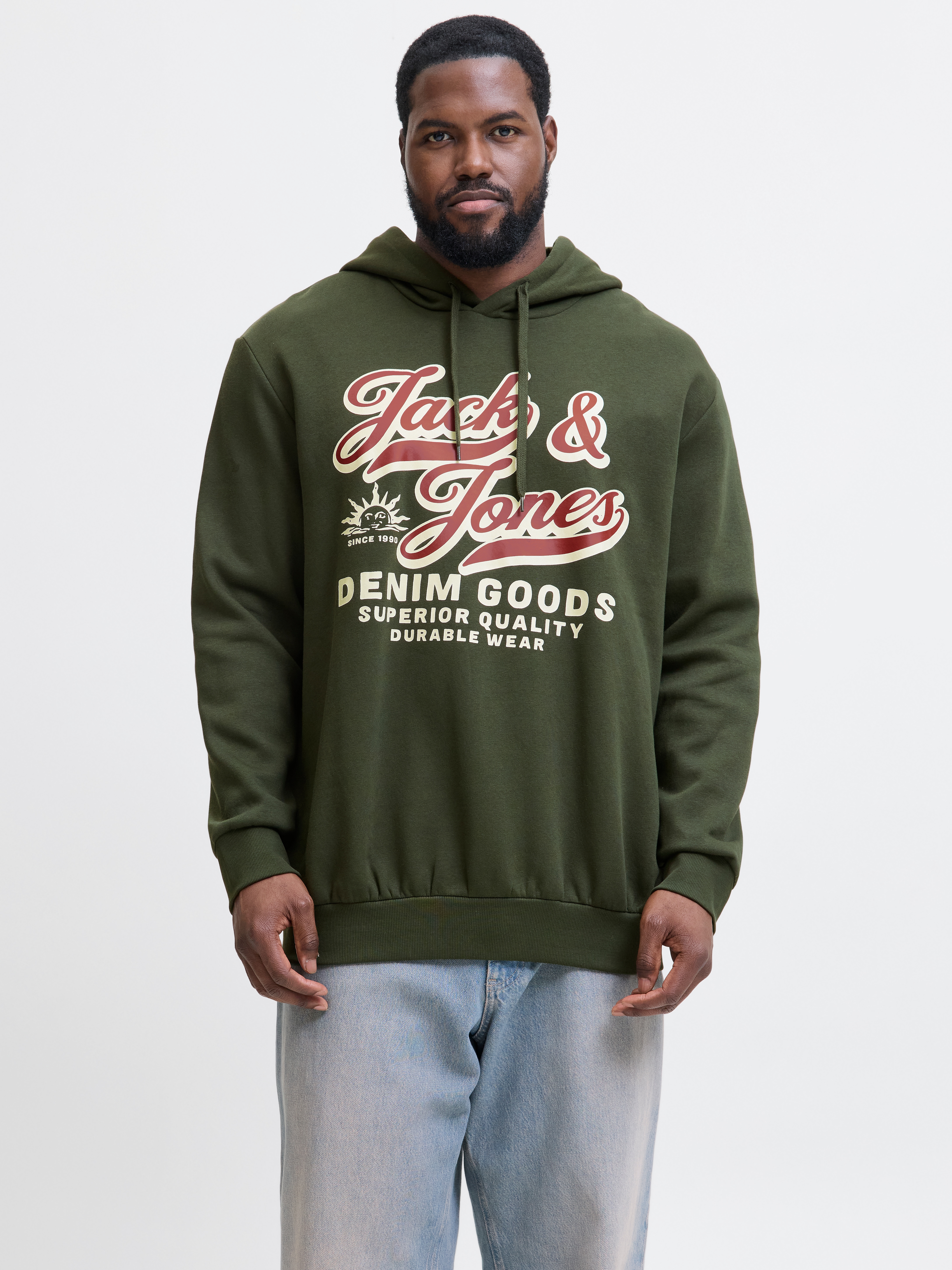 Hoodie "JJELOGO SWEAT HOOD 2 COL 24/25 NOOS PLS", Herren, Gr. 4XL, duffel bag, angeraute Sweatware, Obermaterial: 70% Baumwolle, 30% Polyester, JACK & JONES PLUSSIZE, regular fit normal, ohne Ausschnitt, Rippbündchen, Sweatshirts Hoodie, mit Logo...