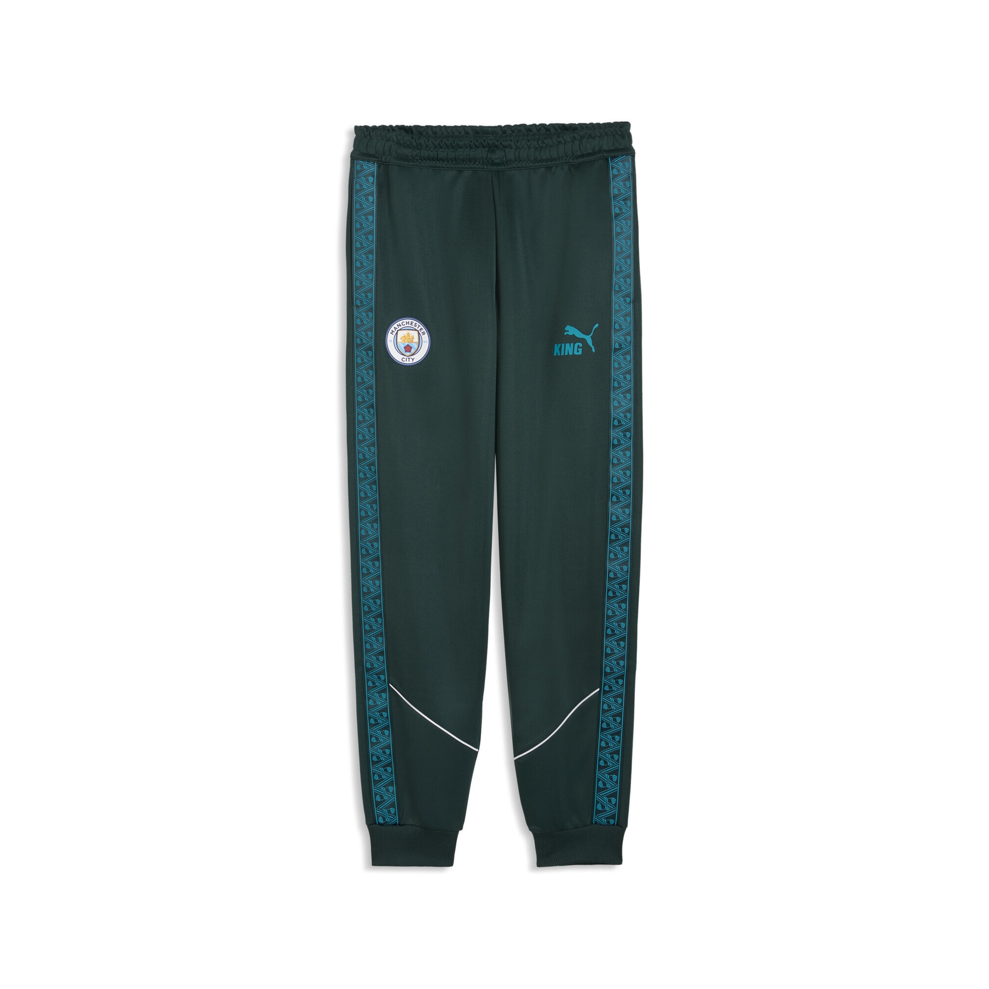 Sporthose PUMA "Manchester City KING Anthem Hose Herren", Damen, Gr. L, Normalgrößen, grün terrain tropical blau, Obermaterial: 63% Polyester, 37% Baumwolle; Taschenfutter: 100% Polyester; Rippe: 7% Elasthan, 93% Polyester; Besatz: 100% Polyester,...
